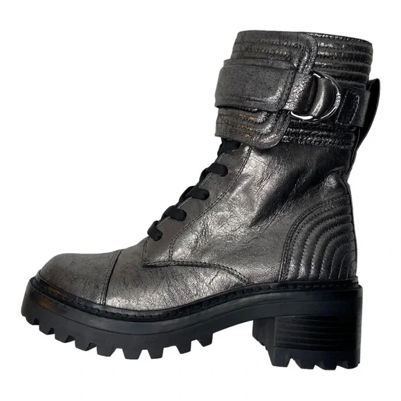 DKNY Women's Gunmetal Leather Buckled Quilted Block-Heel Combat Boots Size 6 NWT